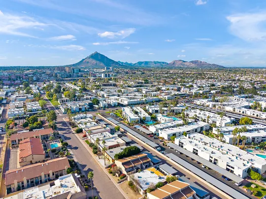 Aerial view of the Old Town Lofts neighborhood and Scottsdale Greenbelt