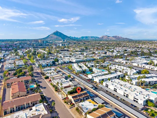 Aerial view of the Old Town Lofts neighborhood and Scottsdale Greenbelt