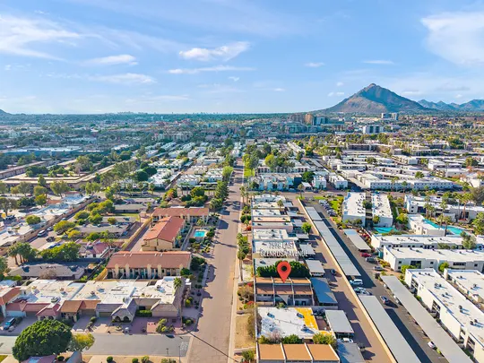Aerial view of the Old Town Lofts neighborhood and Scottsdale Greenbelt