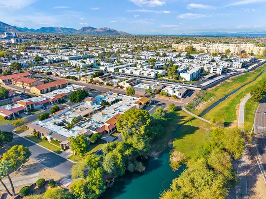 Aerial view of the Old Town Lofts neighborhood and Scottsdale Greenbelt