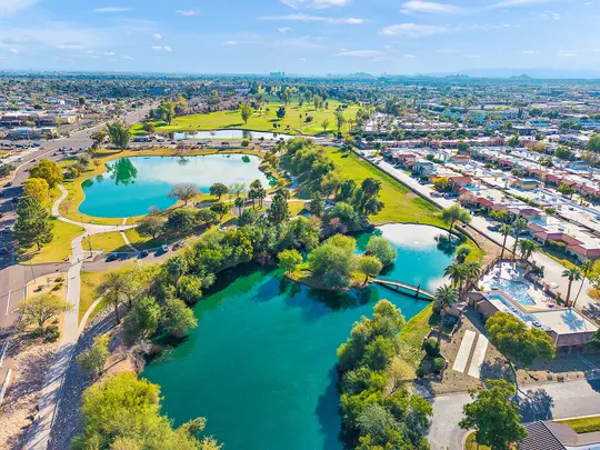Aerial view of the Old Town Lofts neighborhood and Scottsdale Greenbelt