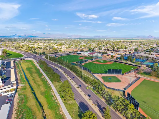 Aerial view of the Old Town Lofts neighborhood and Scottsdale Greenbelt